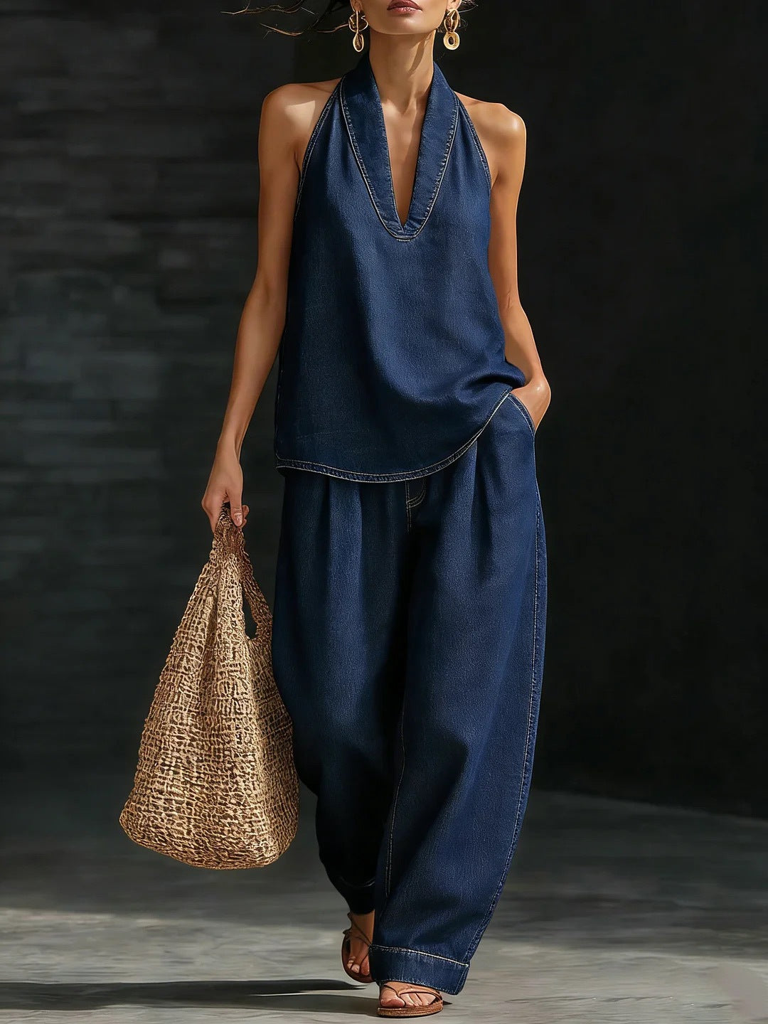 Set Denim 2 Pezzi Donna: Top Senza Maniche con Scollatura a V + Pantaloni Larghi Coordinati