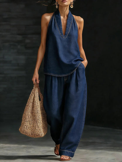 Set Denim 2 Pezzi Donna: Top Senza Maniche con Scollatura a V + Pantaloni Larghi Coordinati