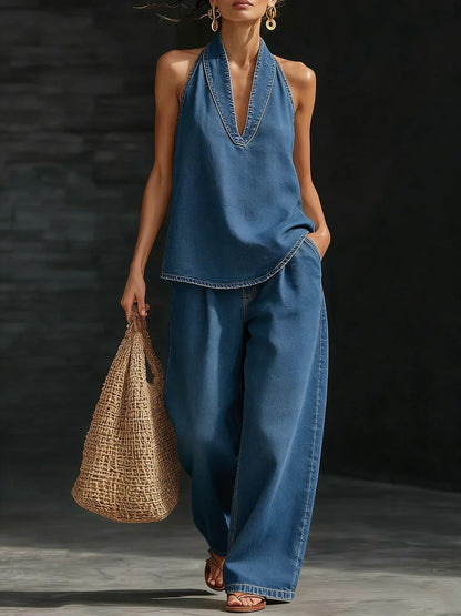 Set Denim 2 Pezzi Donna: Top Senza Maniche con Scollatura a V + Pantaloni Larghi Coordinati