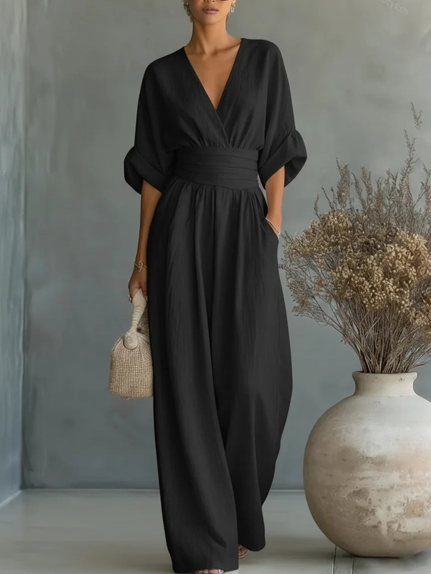 Jumpsuit Boho da donna con gamba ampia, vita alta e scollatura a V