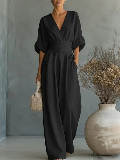 Jumpsuit Boho da donna con gamba ampia, vita alta e scollatura a V