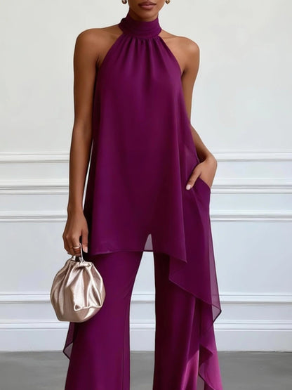 Set Elegante Viola Senza Maniche con Top e Pantaloni