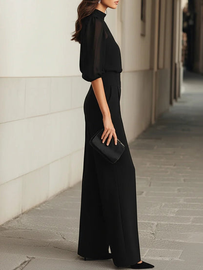 Valentina • Completo Nero a Tre Pezzi con Top in Chiffon Trasparente e Pantaloni a Gamba Larga • S1