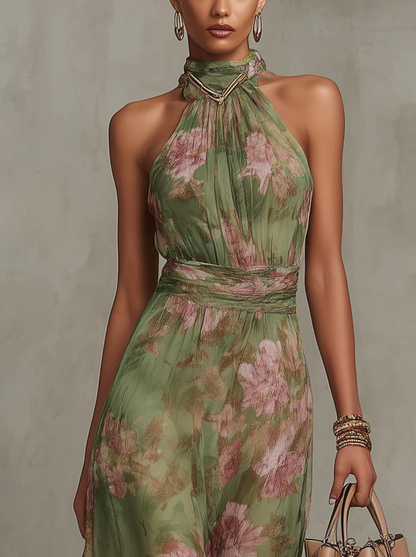 Serena ∙ Abito lungo verde a fiori in chiffon con scollatura a halter