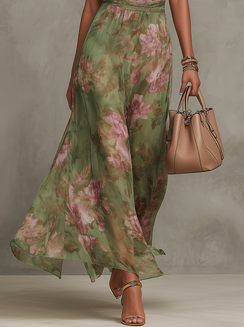 Serena ∙ Abito lungo verde a fiori in chiffon con scollatura a halter