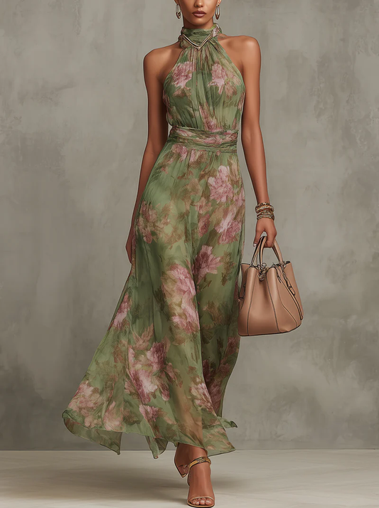 Serena ∙ Abito lungo verde a fiori in chiffon con scollatura a halter