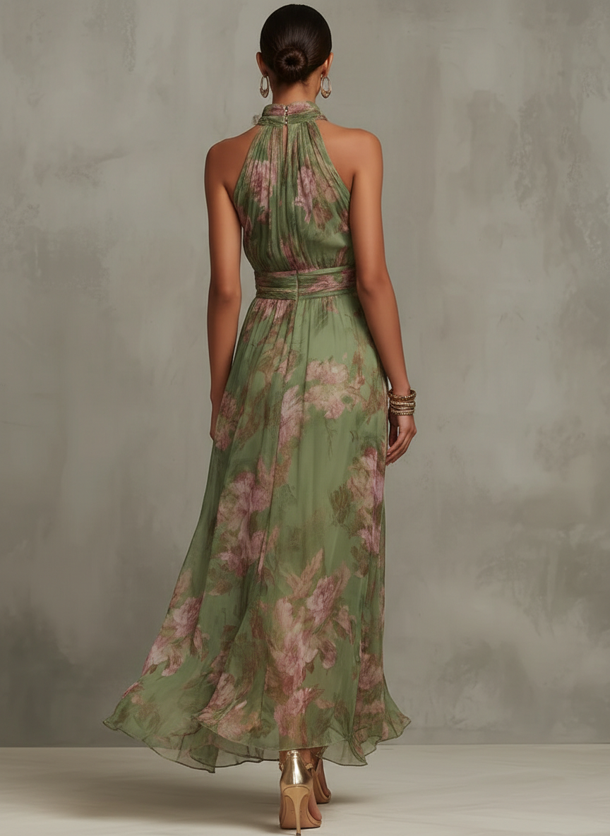 Serena ∙ Abito lungo verde a fiori in chiffon con scollatura a halter