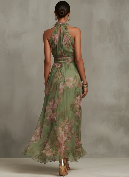 Serena ∙ Abito lungo verde a fiori in chiffon con scollatura a halter