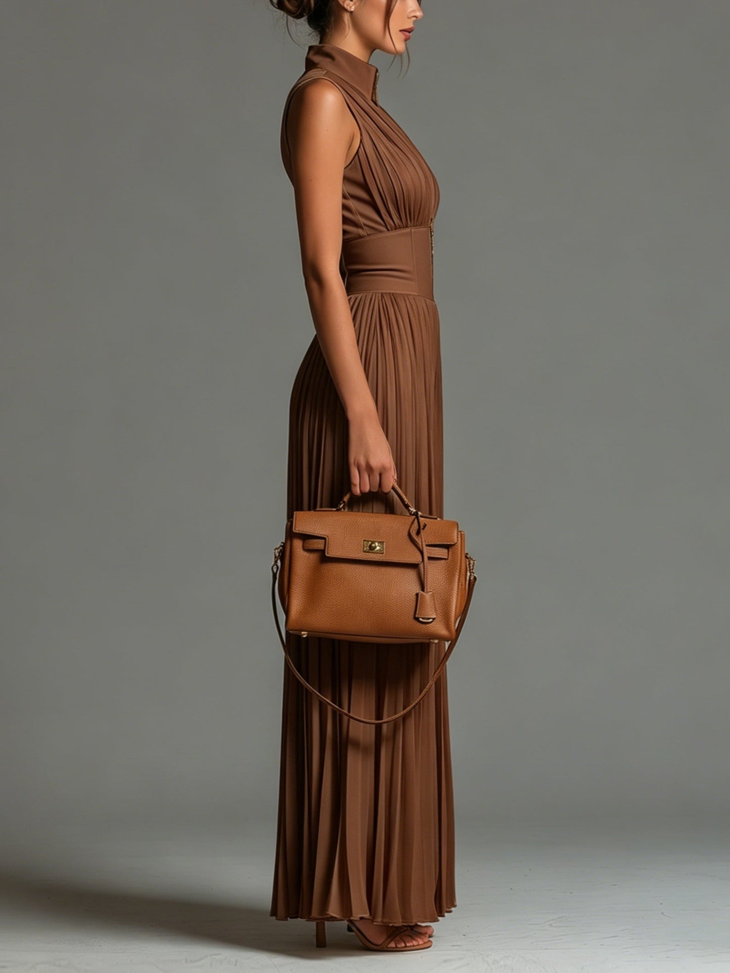 Tuta in Chiffon Senza Maniche con Zip e Pieghe a V Collo Marrone
