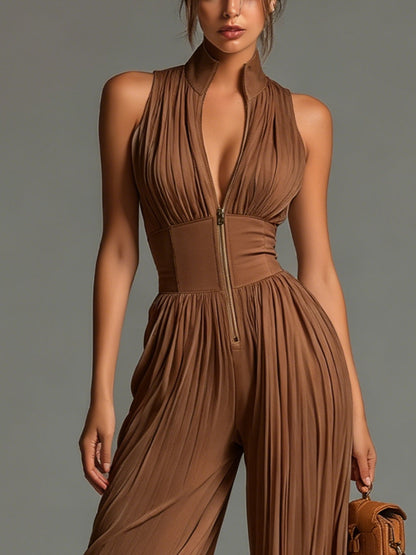 Zsófia Jumpsuit | Tuta in chiffon plissettato color caramello