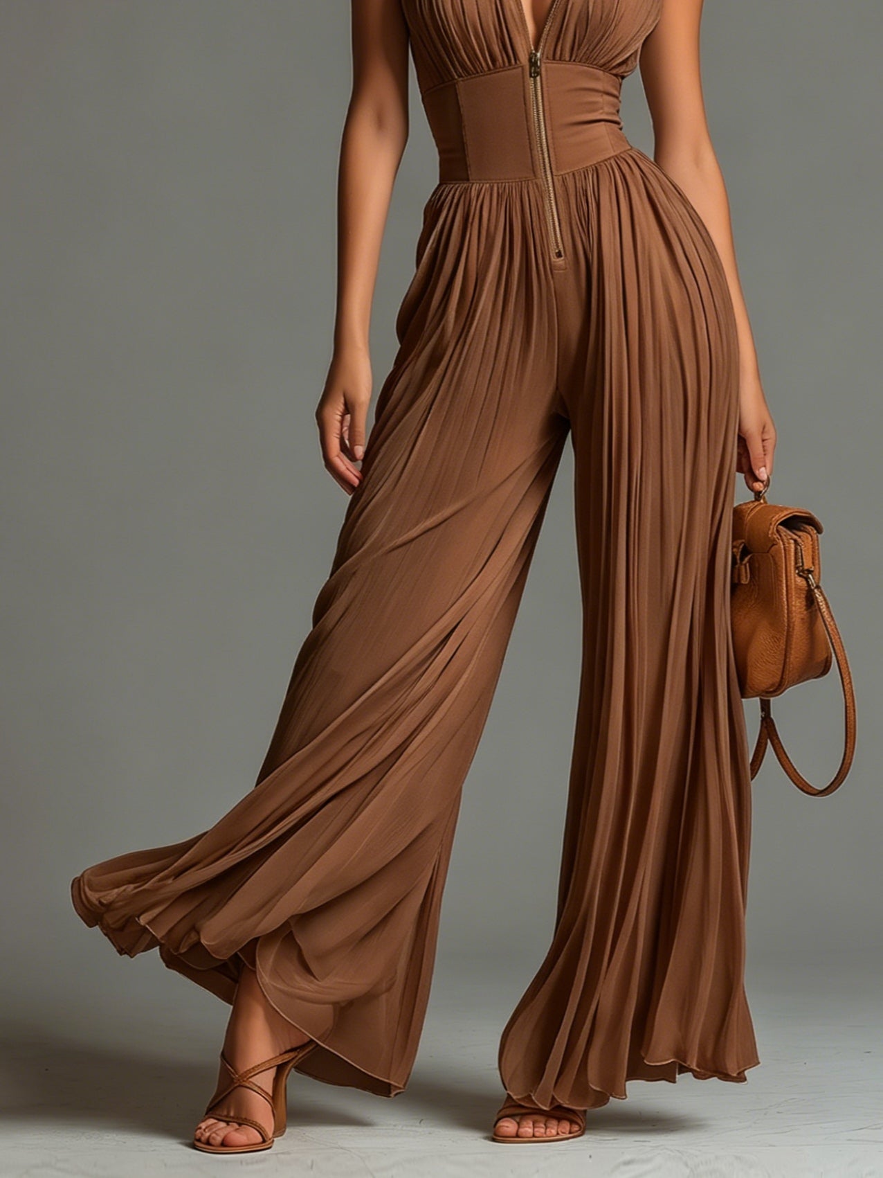 Tuta in Chiffon Senza Maniche con Zip e Pieghe a V Collo Marrone