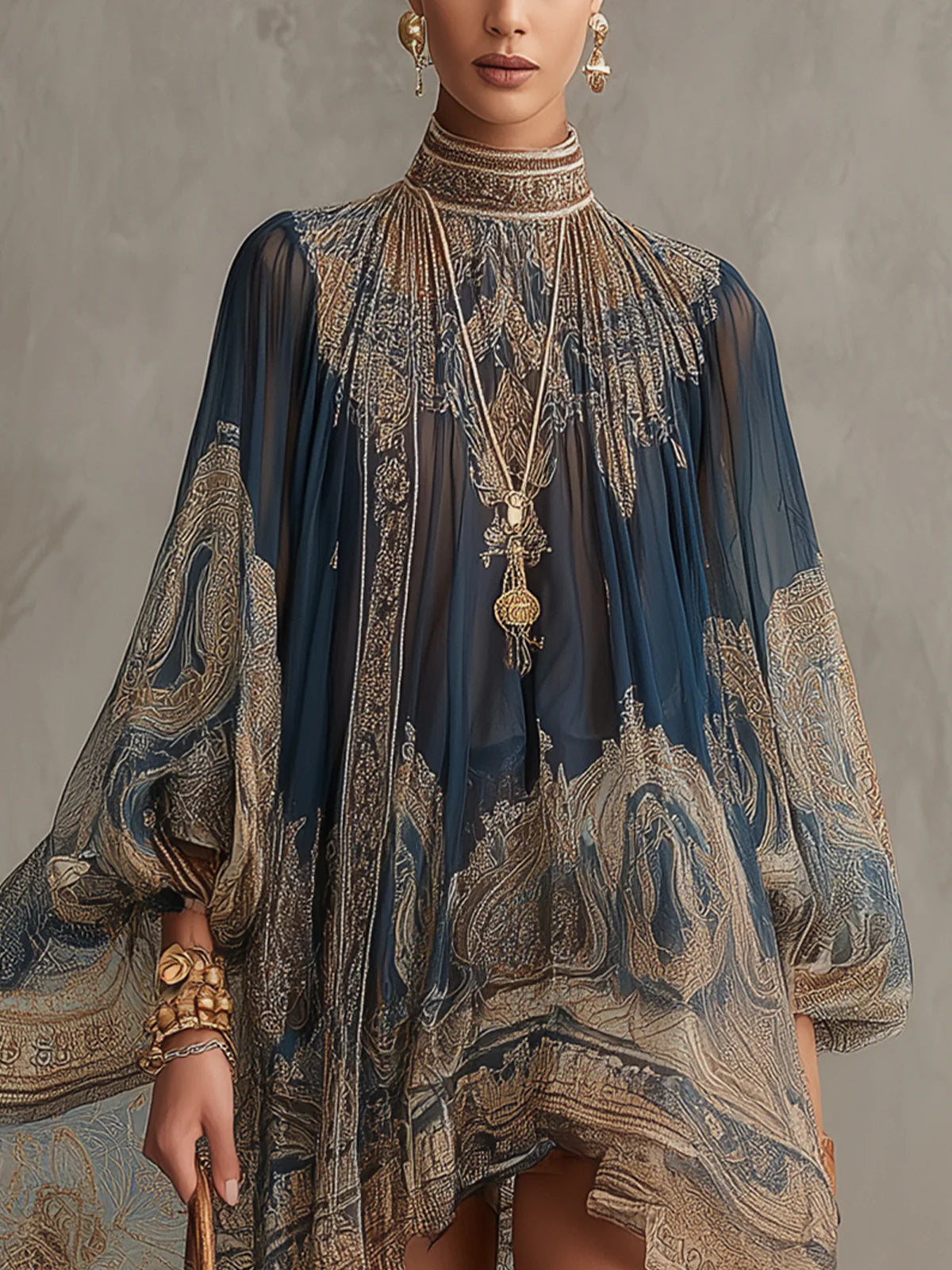 Bérénice | Abito Mini in Mousseline Asimmetrica con Stampa Barocca Blu Marino e Collo Alto