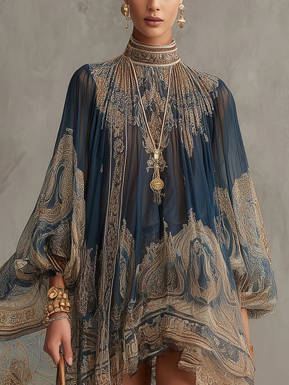 Bérénice | Abito Mini in Mousseline Asimmetrica con Stampa Barocca Blu Marino e Collo Alto
