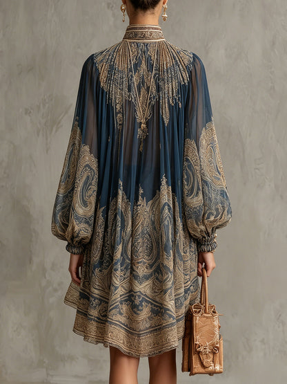 Bérénice | Abito Mini in Mousseline Asimmetrica con Stampa Barocca Blu Marino e Collo Alto
