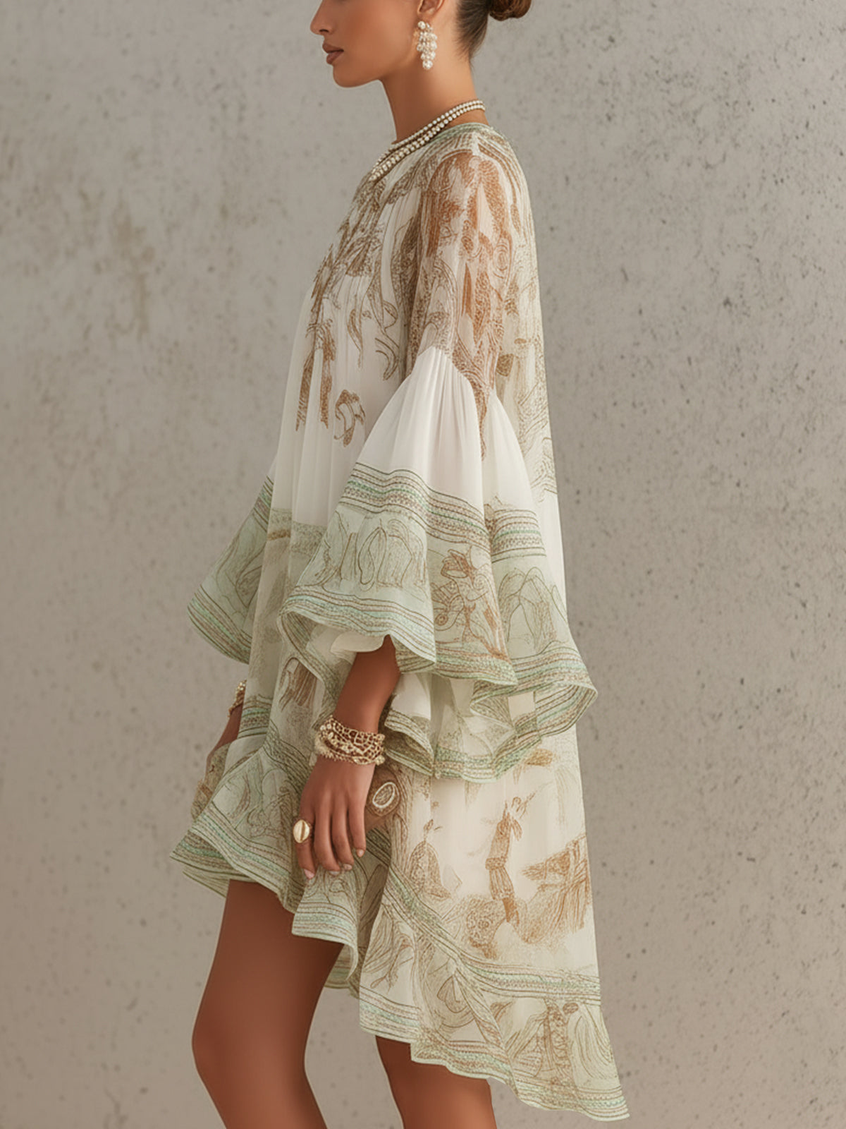 Rosalie | Abito Mini in Mousseline con Maniche Volantate e Orlo a Righe Verde