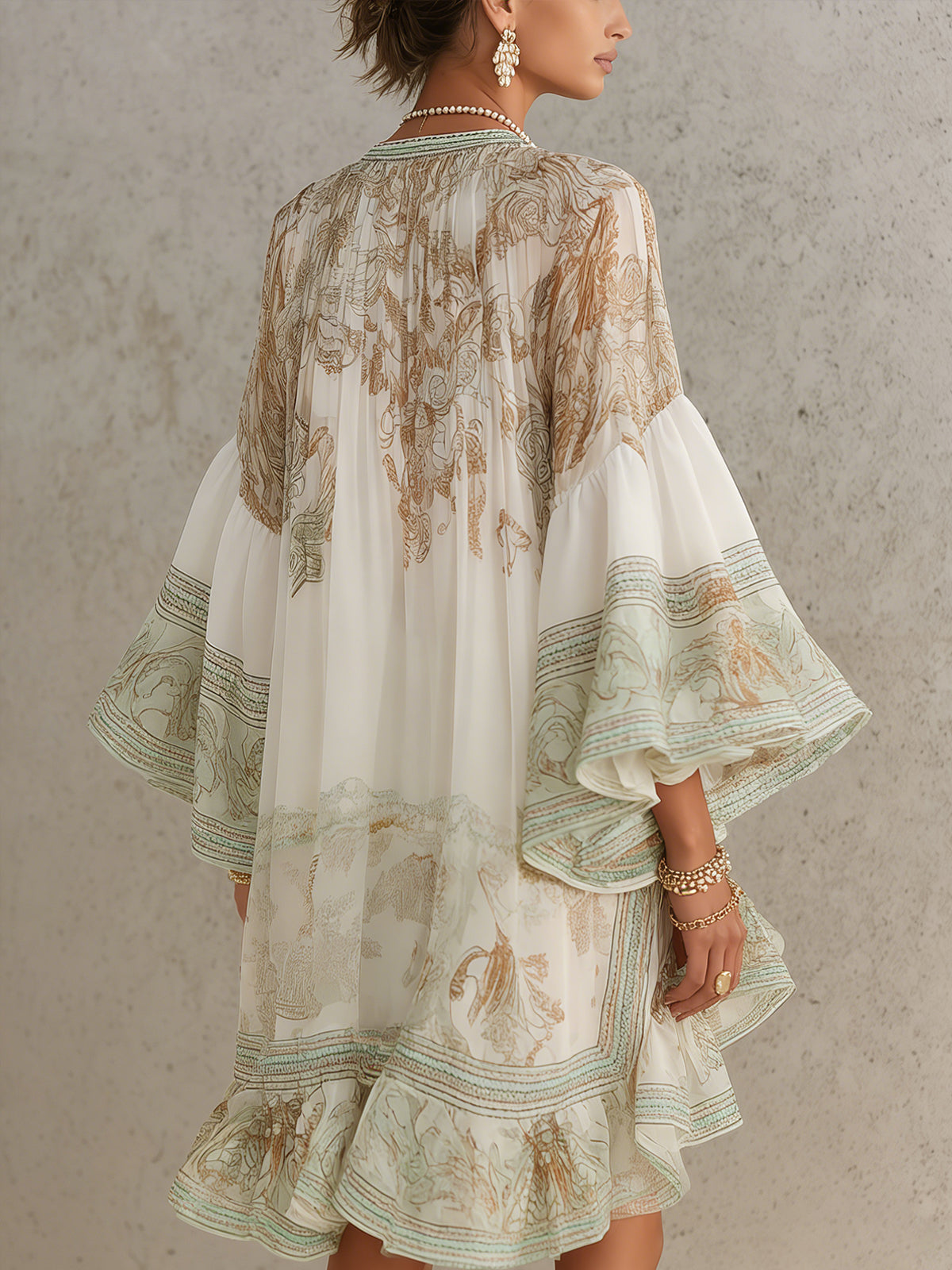Rosalie | Abito Mini in Mousseline con Maniche Volantate e Orlo a Righe Verde