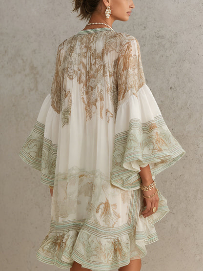 Rosalie | Abito Mini in Mousseline con Maniche Volantate e Orlo a Righe Verde