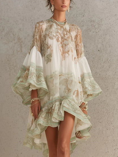 Rosalie | Abito Mini in Mousseline con Maniche Volantate e Orlo a Righe Verde