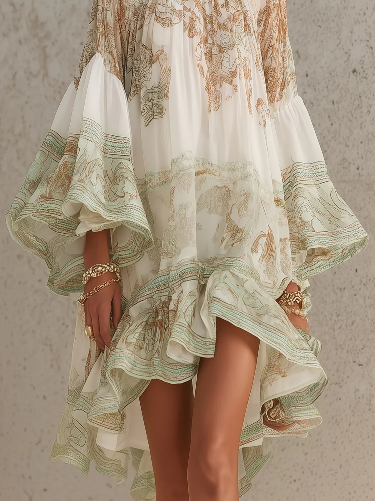Rosalie | Abito Mini in Mousseline con Maniche Volantate e Orlo a Righe Verde