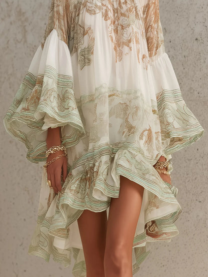 Rosalie | Abito Mini in Mousseline con Maniche Volantate e Orlo a Righe Verde
