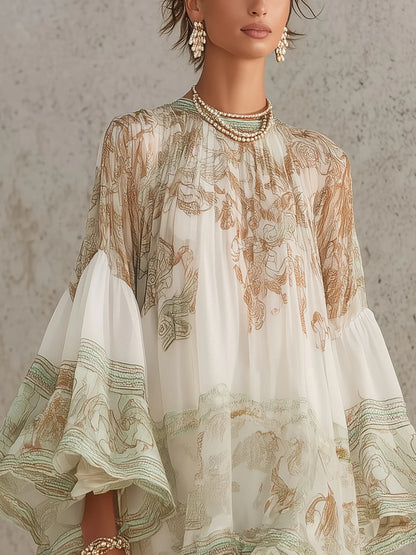 Rosalie | Abito Mini in Mousseline con Maniche Volantate e Orlo a Righe Verde