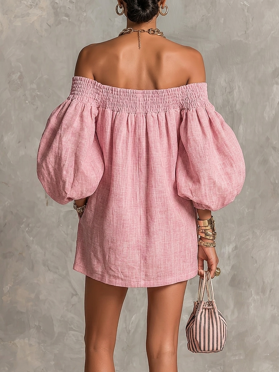 Violette | Abito Mini A Trapezio Rosa con Maniche a Lanterne e Spalle Scoperte