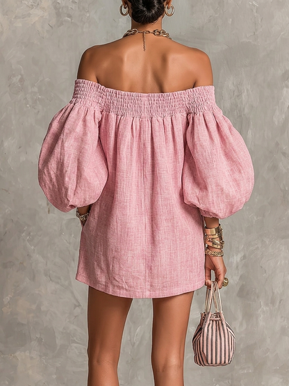 Violette | Abito Mini A Trapezio Rosa con Maniche a Lanterne e Spalle Scoperte
