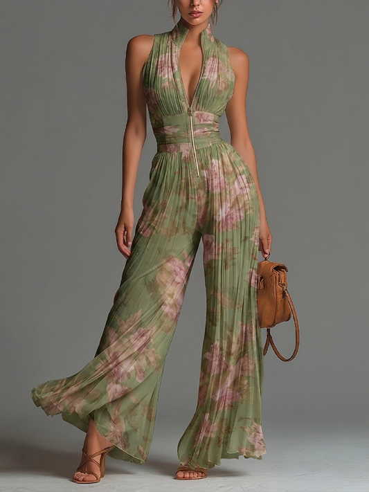 Tuta Chiffon Verde Floreale con Scollatura a V, Senza Maniche, con Zip e Pieghe, a Gamba Larga