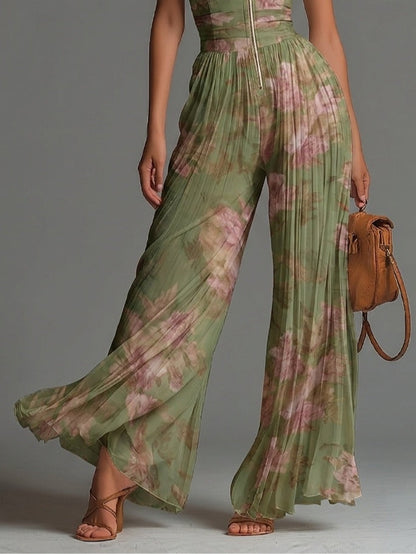 Tuta Chiffon Verde Floreale con Scollatura a V, Senza Maniche, con Zip e Pieghe, a Gamba Larga