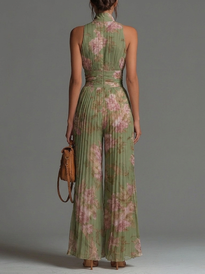 Tuta Chiffon Verde Floreale con Scollatura a V, Senza Maniche, con Zip e Pieghe, a Gamba Larga