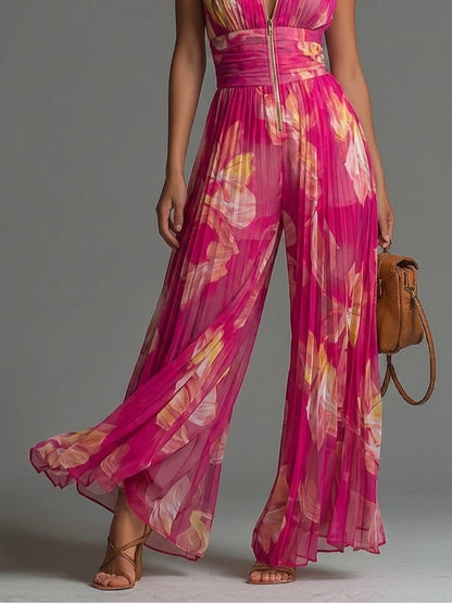 Zsófia Jumpsuit | Chiffon Plissettato Fucsia a Fiori • S1