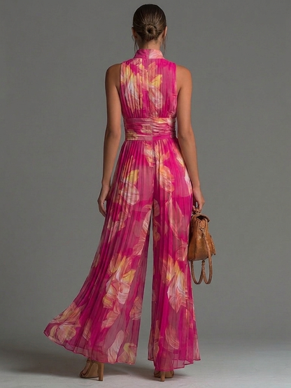 Salopette in Chiffon Plissettata Senza Maniche con Zip e Stampa Floreale Fucsia