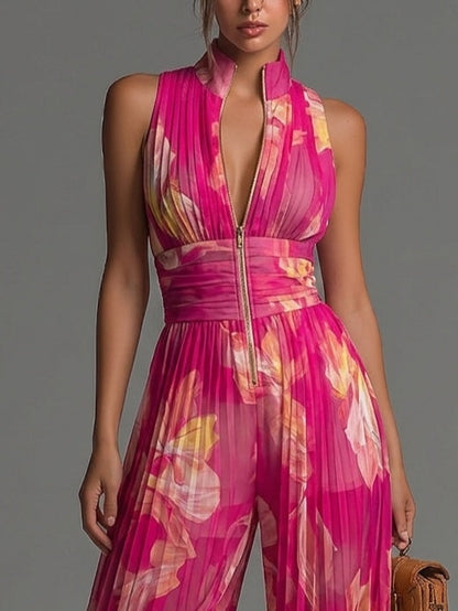 Salopette in Chiffon Plissettata Senza Maniche con Zip e Stampa Floreale Fucsia
