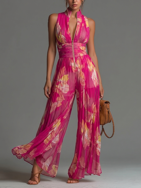 Zsófia Jumpsuit | Tuta di chiffon rosa plissettata