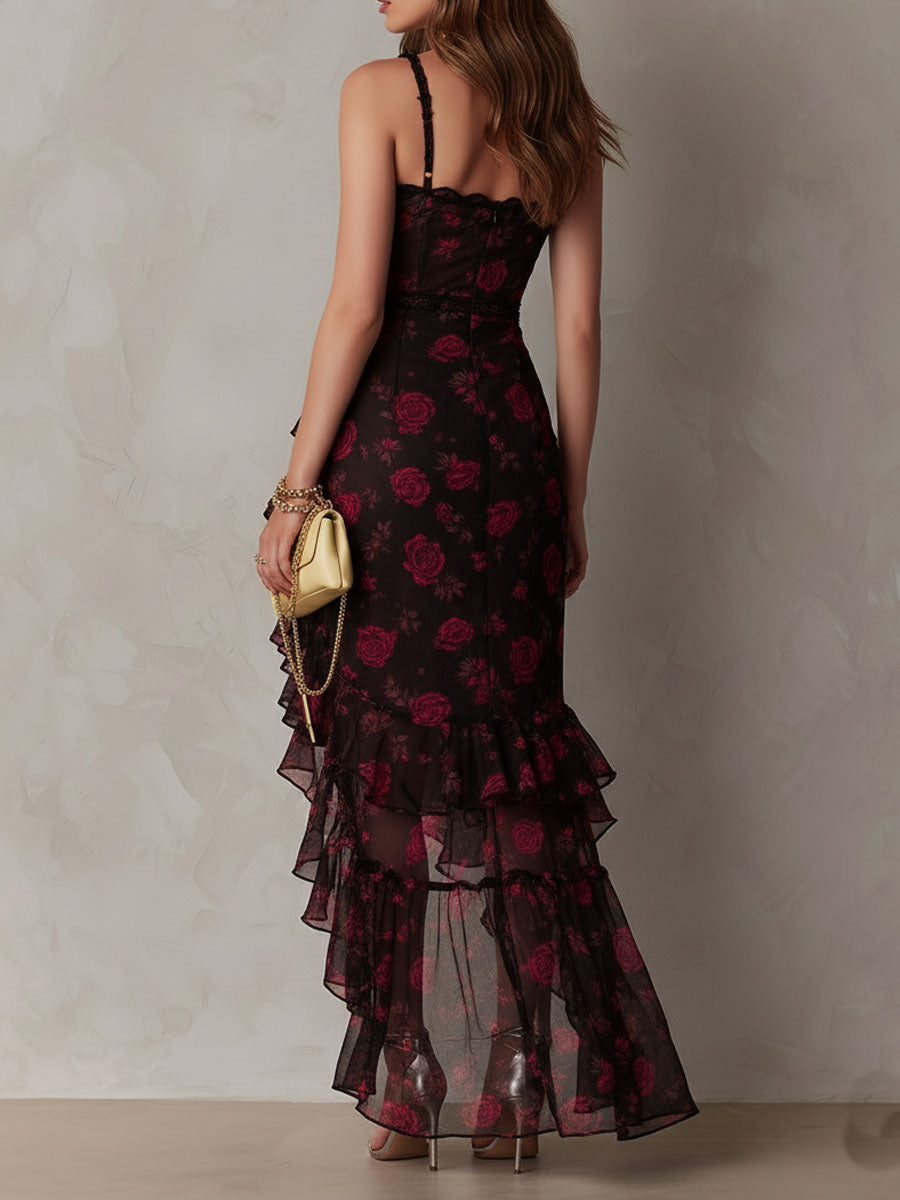 Vestito Chic Nero e Rosso con Rouches e Orlo a Volant
