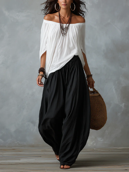 Top Bianco Off-the-shoulder e Pantaloni Lantern Larghi
