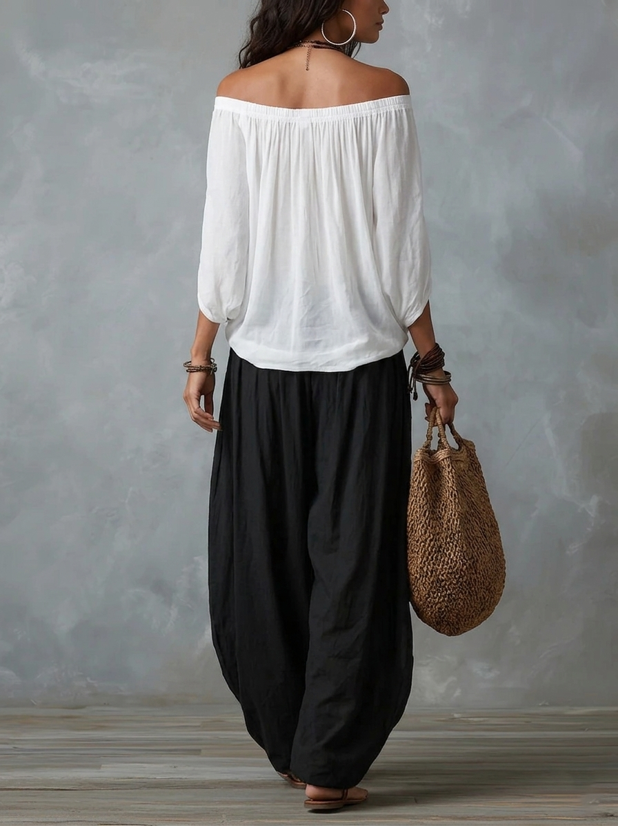 Top Bianco Off-the-shoulder e Pantaloni Lantern Larghi