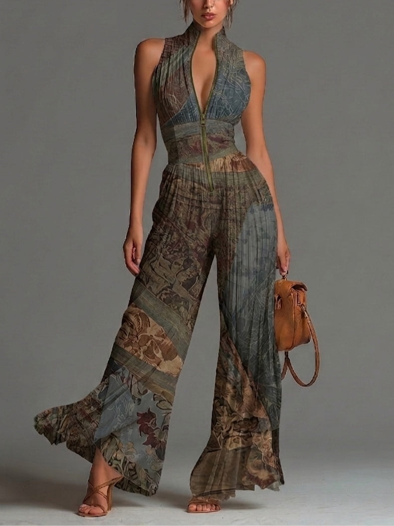 Jumpsuit in Chiffon a Maniche Corte con Stampa Etnica Bohemien e Zip