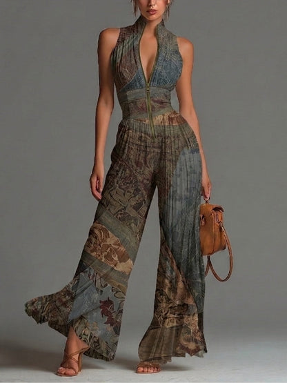 Jumpsuit in Chiffon a Maniche Corte con Stampa Etnica Bohemien e Zip