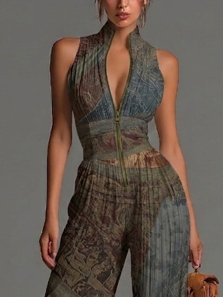 Jumpsuit in Chiffon a Maniche Corte con Stampa Etnica Bohemien e Zip