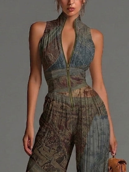 Jumpsuit in Chiffon a Maniche Corte con Stampa Etnica Bohemien e Zip