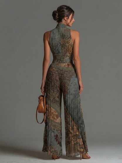 Jumpsuit in Chiffon a Maniche Corte con Stampa Etnica Bohemien e Zip