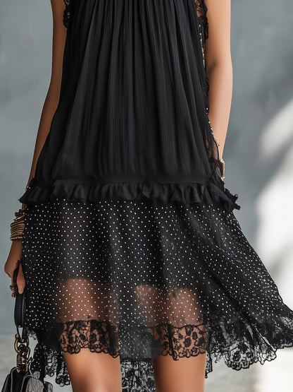 Pauline | Abito Mini Trasparente a Pois, Volant e Bordo in Pizzo Nero