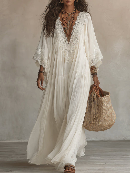 Celeste | Robe longue en mousseline ivoire à manches chauve-souris et dentelle blanche