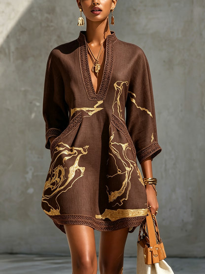 Abito Mini in Pizzo all'Uncinetto con Scollo a V Nero Oro Stampato