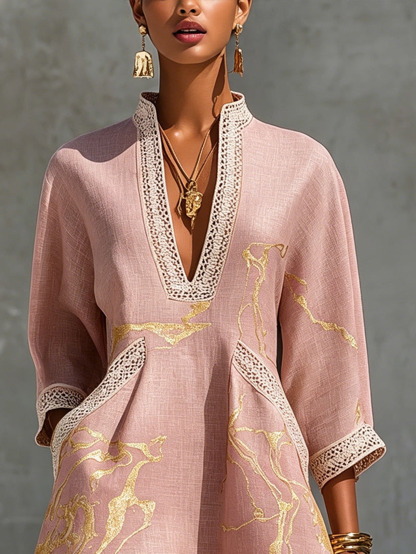 Abito Mini in Pizzo all'Uncinetto con Scollatura a V in Oro Rosa
