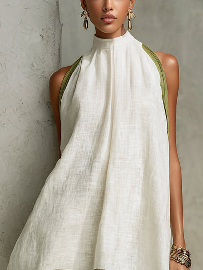 Agathe | Abito Mini A-Line Senza Maniche Bianco e Verde Oliva con Fiori