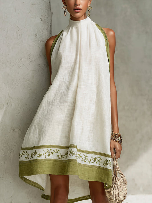 Agathe | Abito Mini A-Line Senza Maniche Bianco e Verde Oliva con Fiori