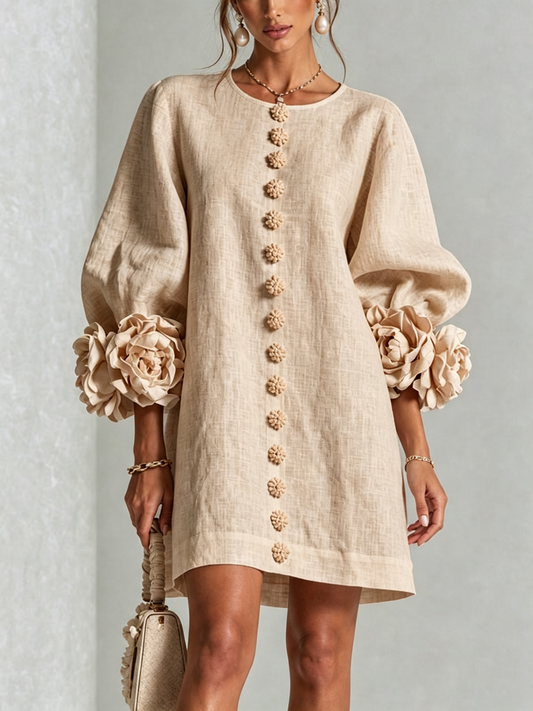 Abito Mini Button-down Beige con Maniche Floreali Stravaganti