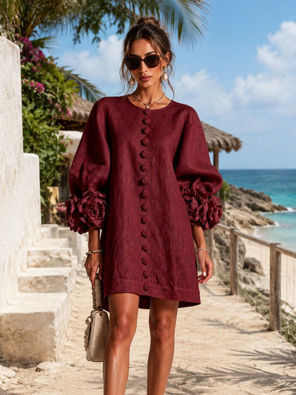 Abito Mini Button-down Floreale Bordeaux Con Maniche Floreali Stravaganti
